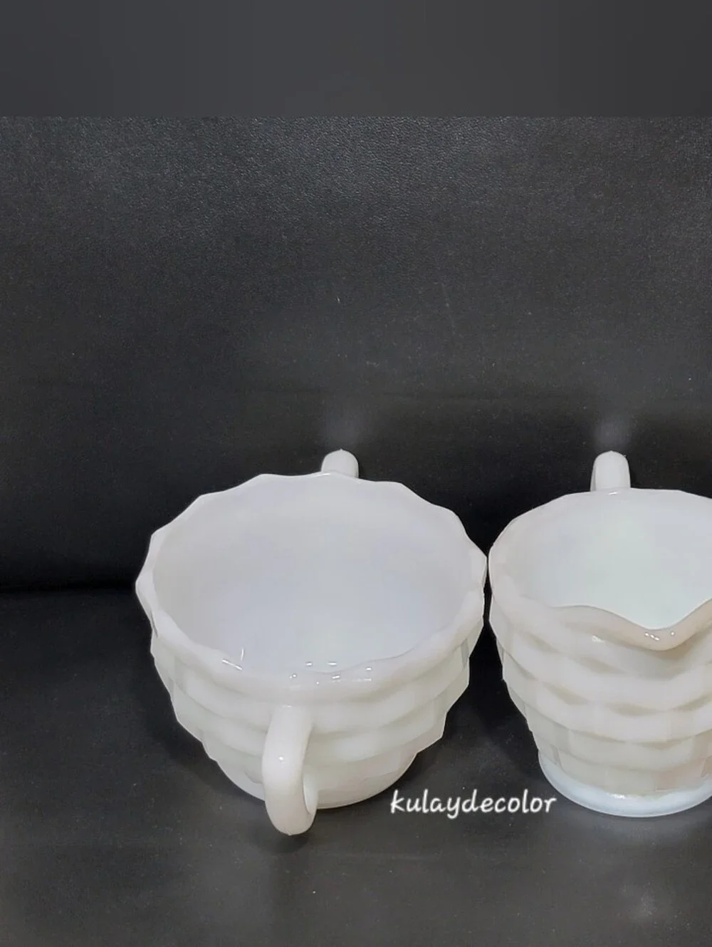Vintage Jeannette White Milk Glass Creamer & Open Sugar Bowl Set Diamond Quilt